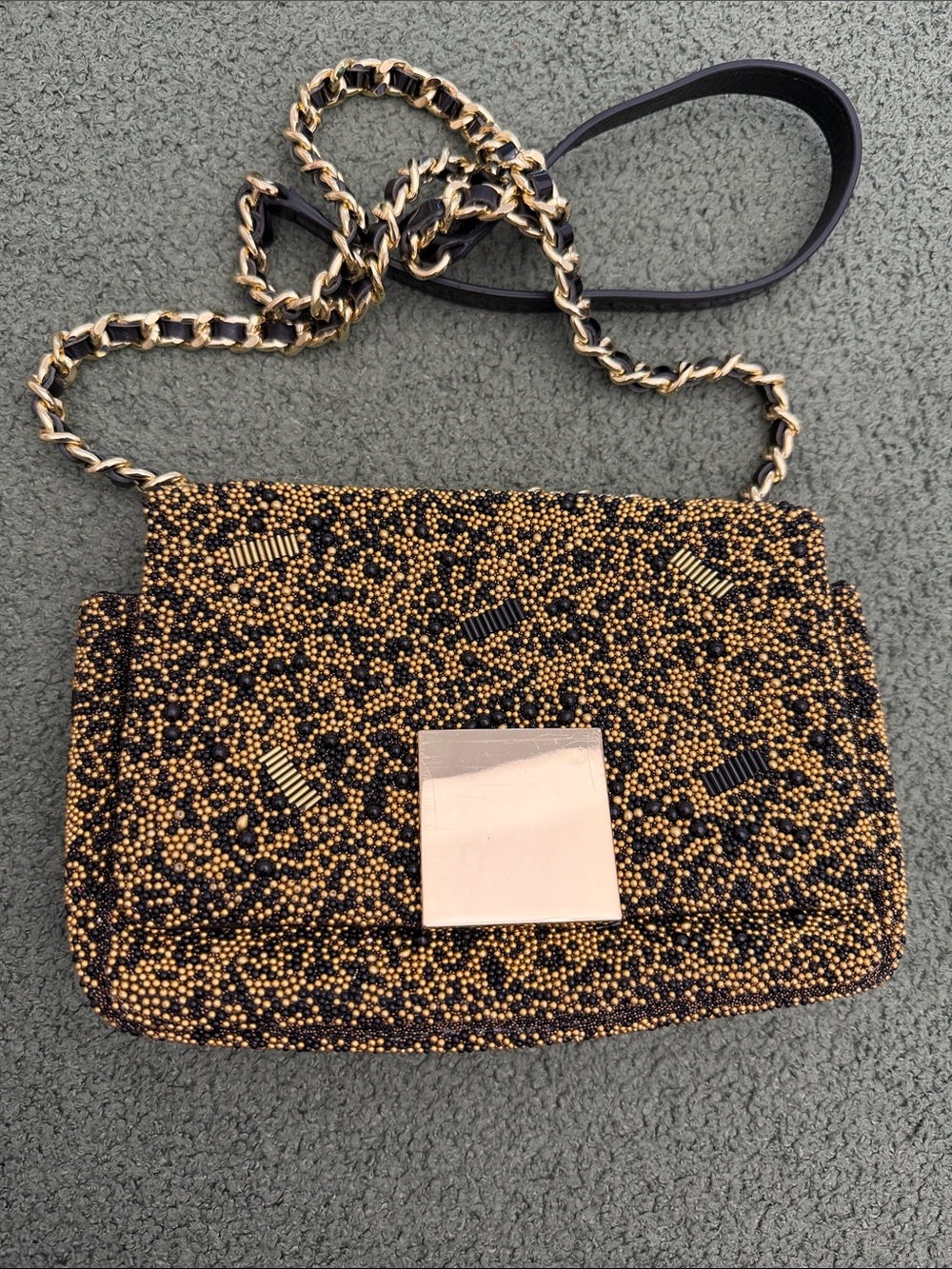 Purificacion Garcia  Beaded Black and Gold Crossbody Bag with Chain Strap
